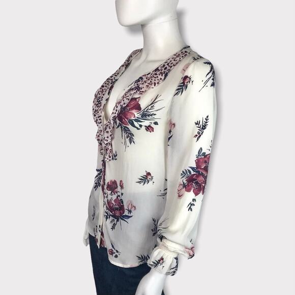 Joie Silk Floral Pink & White Blouse V-neck Sheer Long Sleeves - Picture 4 of 8